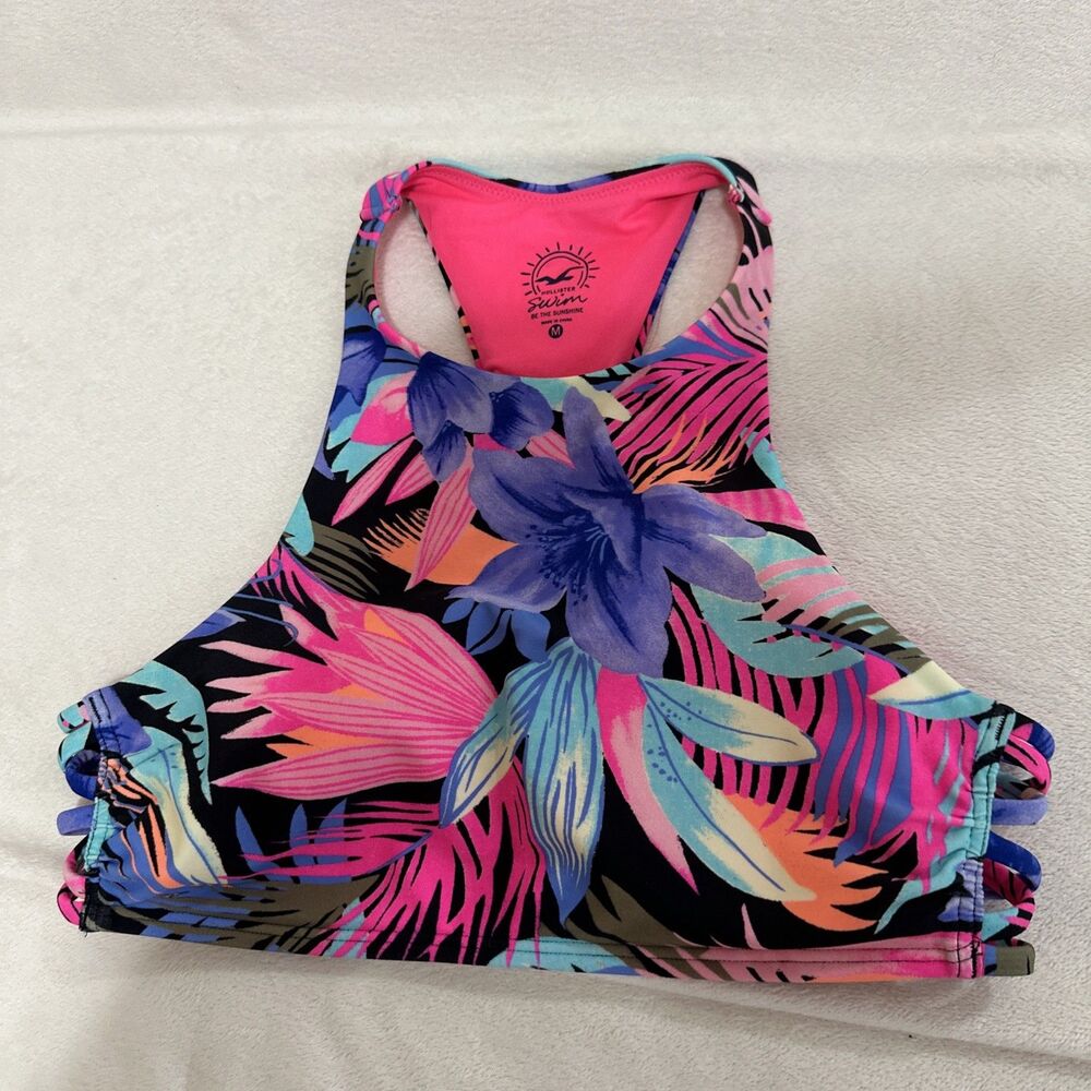Hollister Bikini Top Floral Tropical High Neck Side Cutouts Pink Purple Size Med